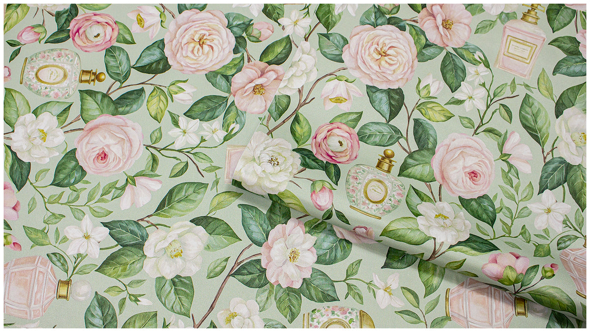 Haokhome Vintage Perfume Bottle Rose Camellia Peel and Stick Wallpaper, Soft French Floral Wall Decor