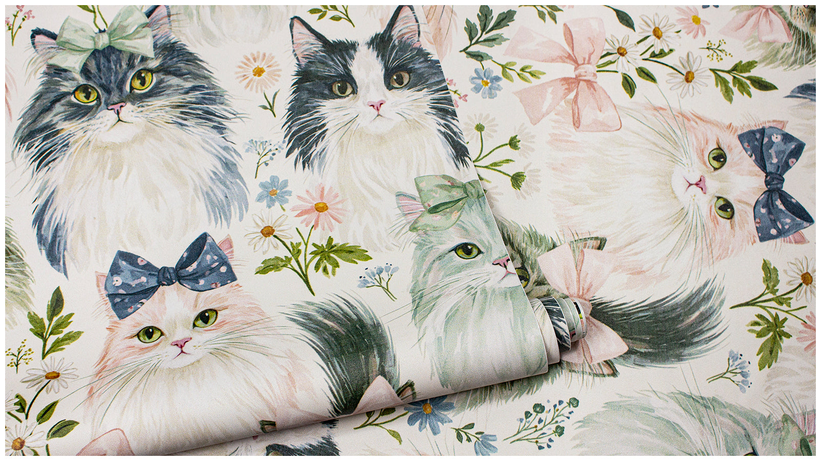 Haokhome Watercolor Fluffy Cat Bow Removable Self‑Adhesive Wall Covering, Whimsical Kitten Kids Wallpaper