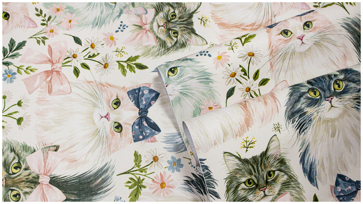 Haokhome Watercolor Fluffy Cat Bow Removable Self‑Adhesive Wall Covering, Whimsical Kitten Kids Wallpaper