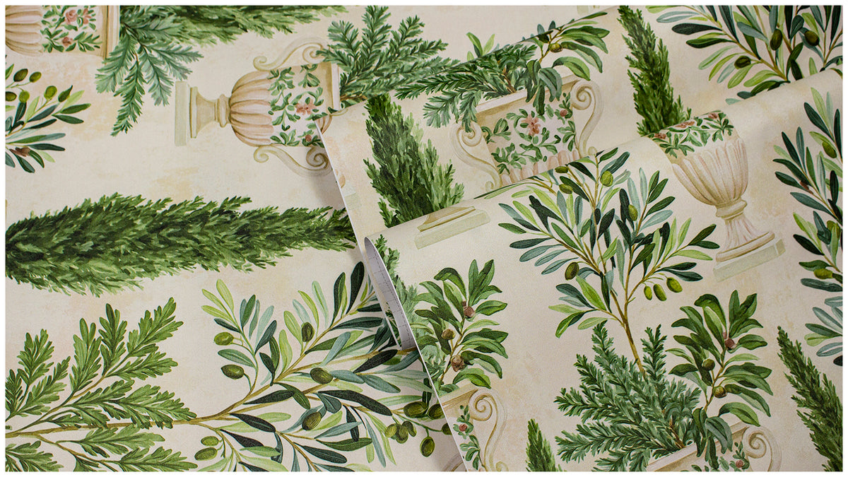 Haokhome Mediterranean Potted Cypress Olive Peel and Stick Wallpaper, Classical Garden Urn Wall Decor