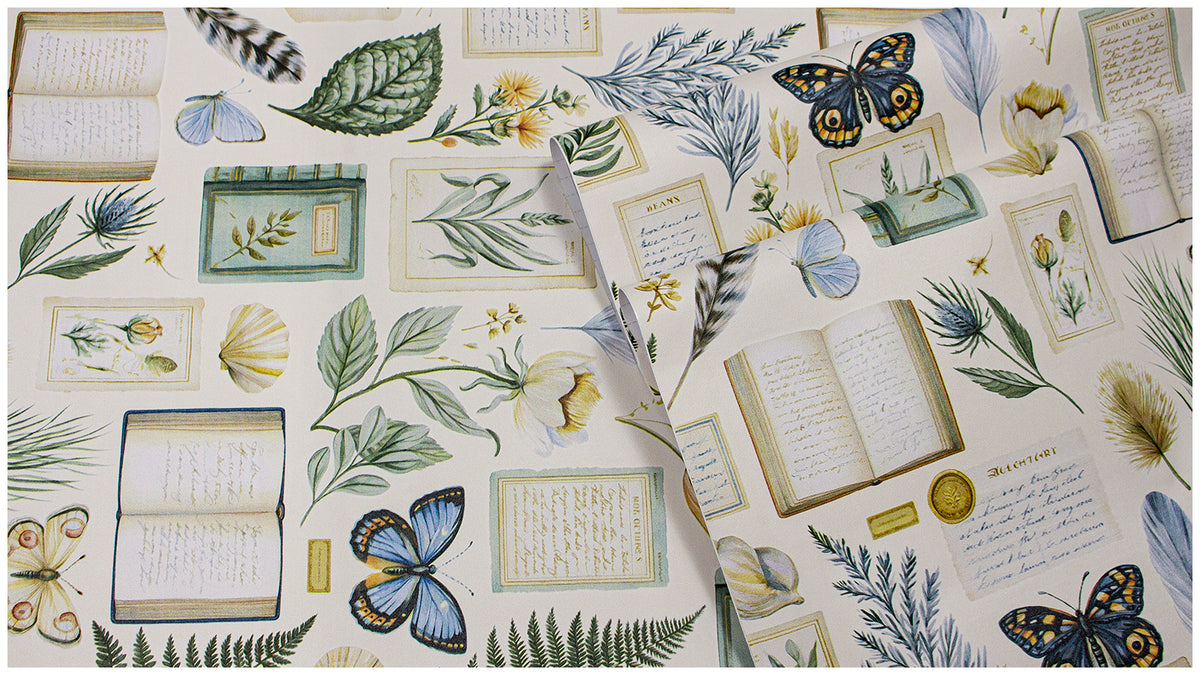 Haokhome Vintage Botanical Ephemera Peel and Stick Wallpaper, Butterfly Old Book Manuscript Wall Mural
