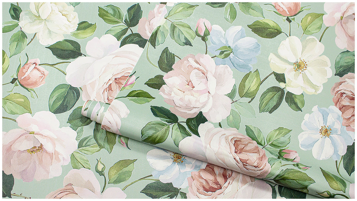 Haokhome Watercolor Large Rose Peel and Stick Wallpaper, Sage Green Floral Wall Covering