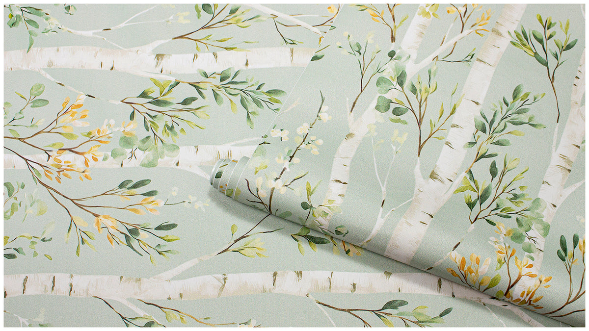 Haokhome Watercolor Birch Tree Peel and Stick Wallpaper, Sage Green Botanical Wall Covering