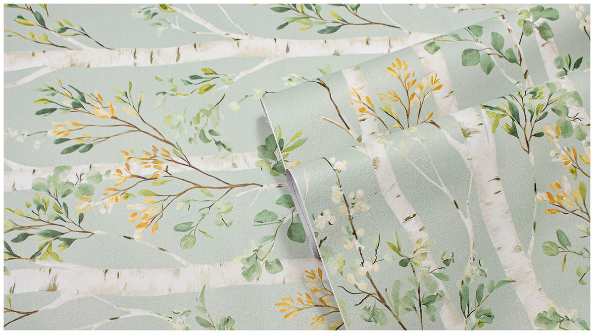 Haokhome Watercolor Birch Tree Peel and Stick Wallpaper, Sage Green Botanical Wall Covering