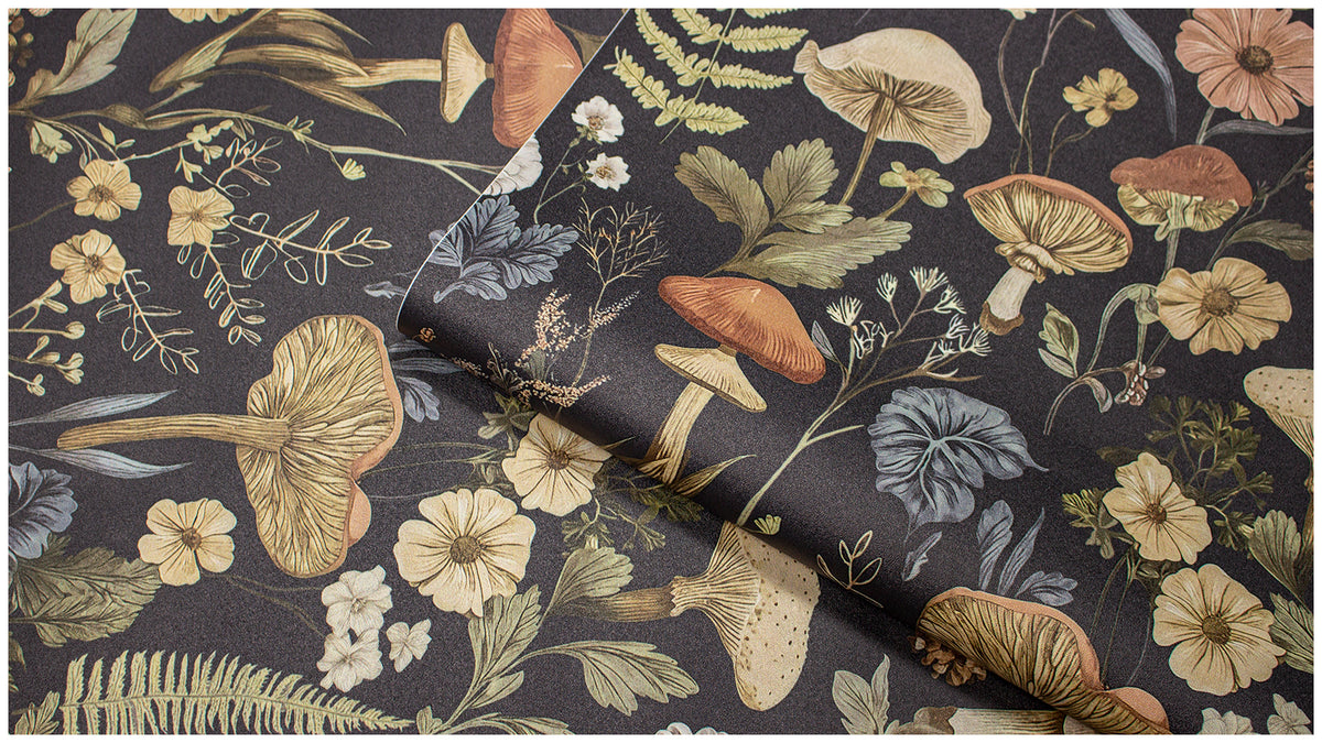 Haokhome Vintage Mushroom Fern Floral Peel and Stick Wallpaper, Black Dark Botanical Wall Covering