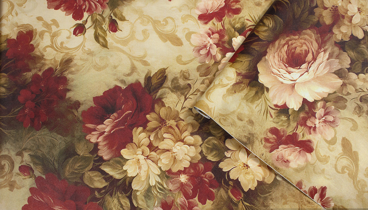 HaokHome Wallpaper Peel and Stick Rose Floral Watercolor Wall Decor in Red, Pink & Beige Removable Mural