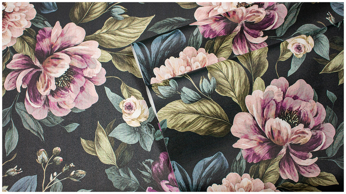Haokhome Emerald Green Moody Floral Peel and Stick Wallpaper, Dusty Peony Wall Mural