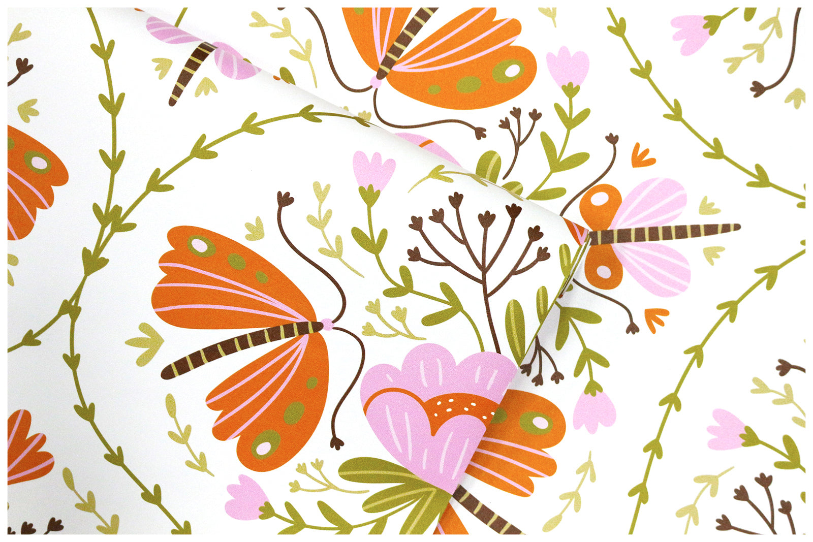 HaokHome Folk Art Butterfly Floral Wallpaper, Pink Orange Removable Self‑Adhesive Wall Covering
