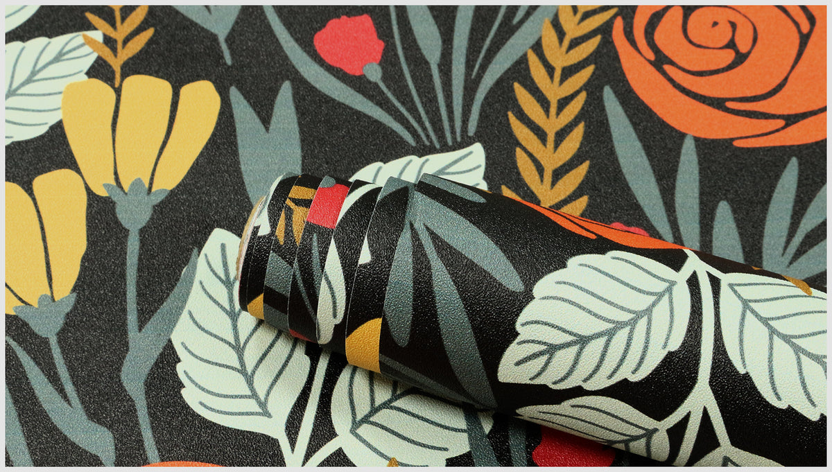 Haokhome Moody Black Background Autumn Floral Removable Self‑Adhesive Wall Covering, Bold Retro Wildflower Wallpaper