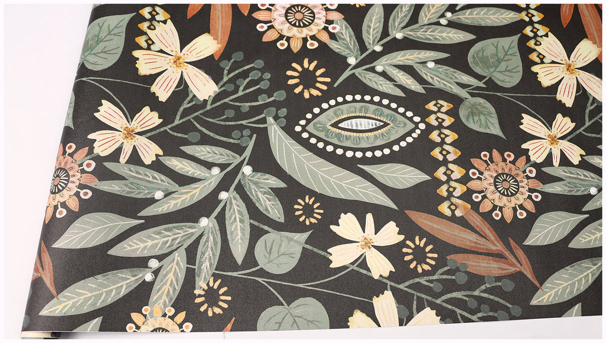 Haokhome Dark Boho Floral Peel and Stick Wallpaper, Black Background Bohemian Wildflower Wall Covering