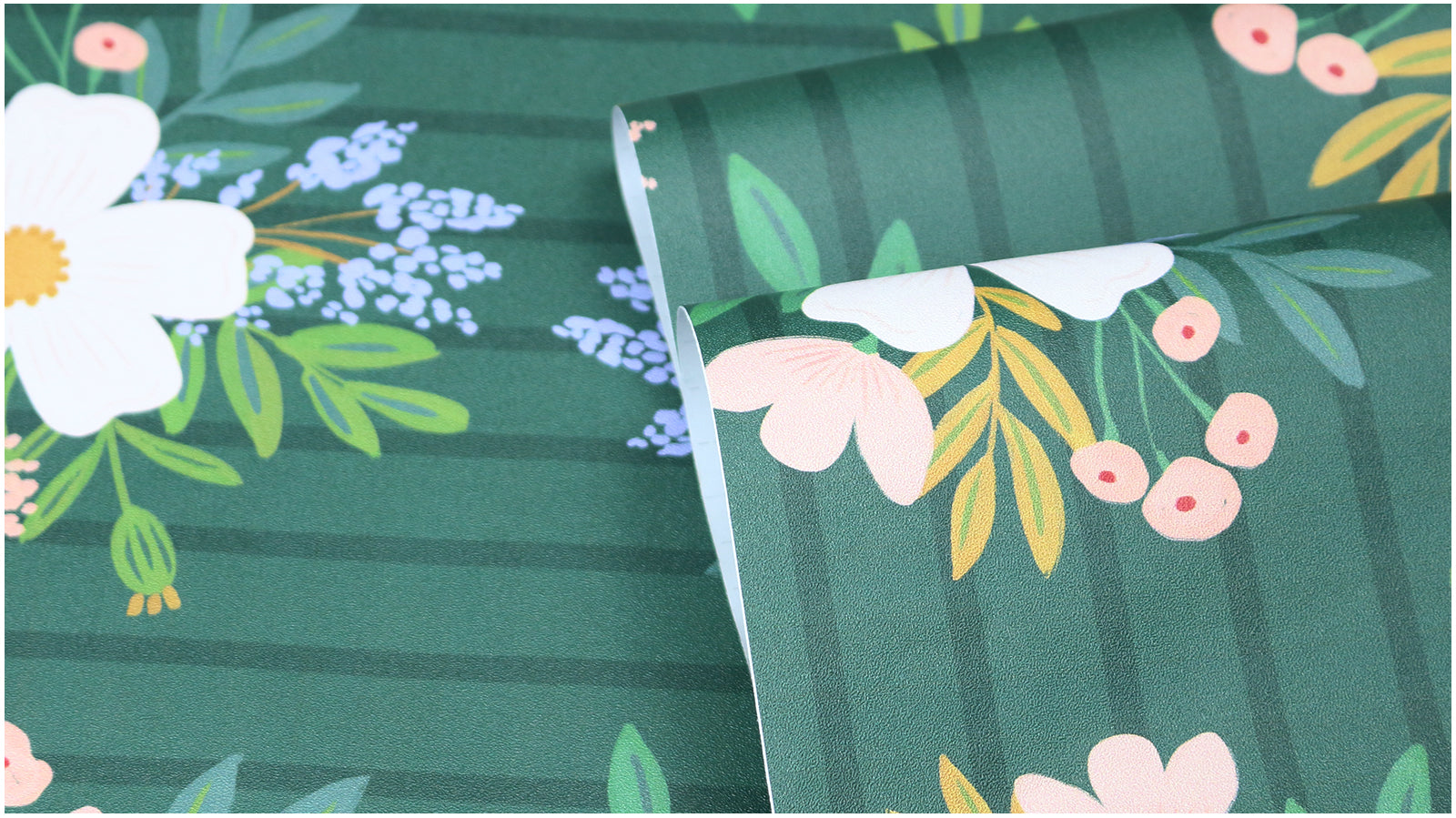 Dark Green Striped Floral Wallpaper – Soft Pastel Bouquet Print