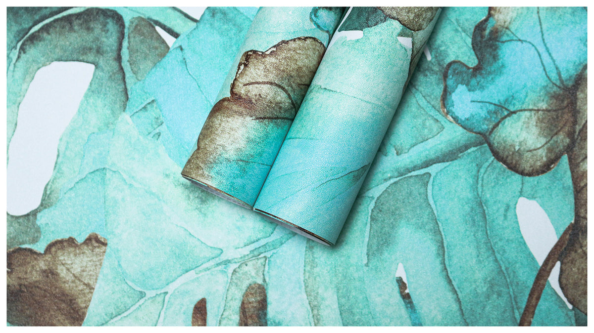 HaokHome Teal Turquoise Sepia Brown Watercolor Monstera Palm Removable Wall Covering