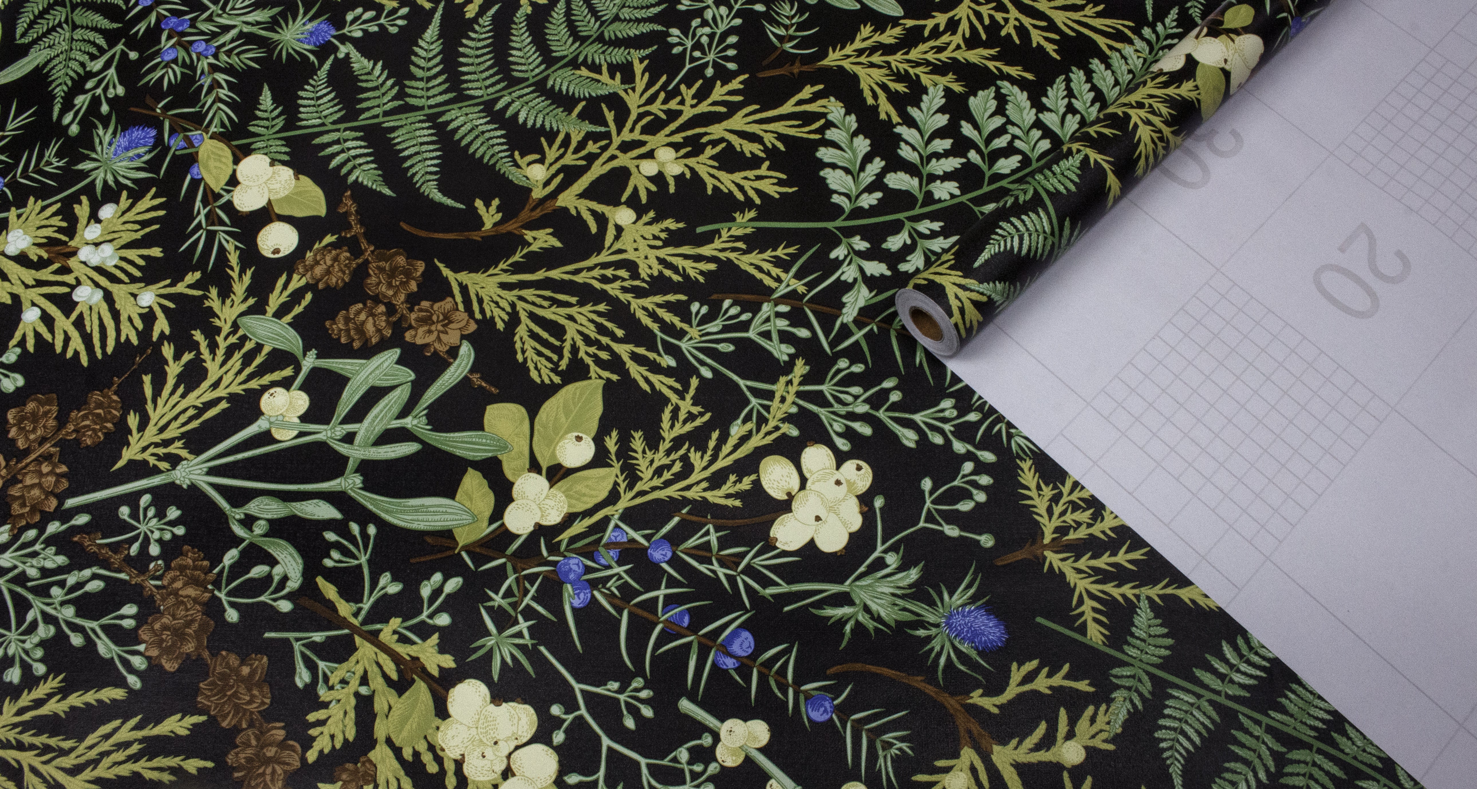 Dark Winter Botanical Wallpaper – Vintage Pine Cone Fern Wild Berry Print