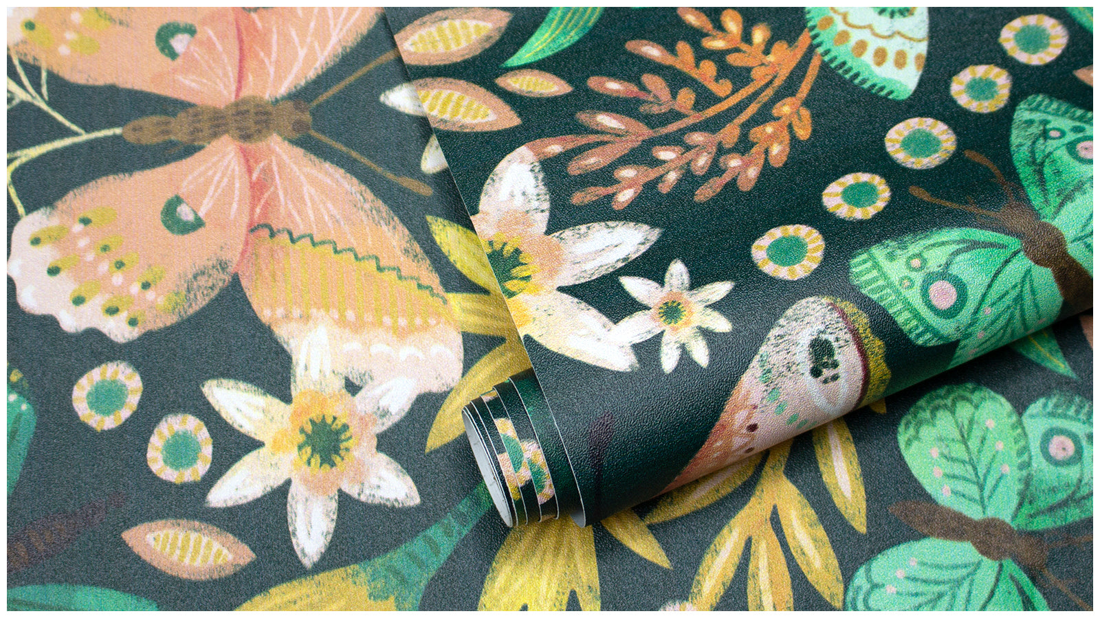 HaokHome Butterfly and Flower Wallpaper – Colorful Butterflies and Floral Motifs on Dark Green Background for Living Room & Bedroom