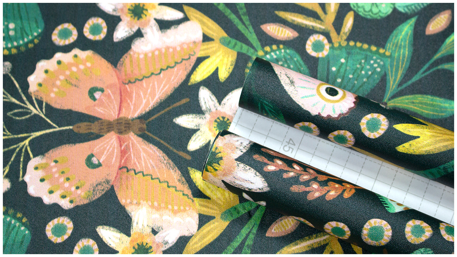 HaokHome Butterfly and Flower Wallpaper – Colorful Butterflies and Floral Motifs on Dark Green Background for Living Room & Bedroom