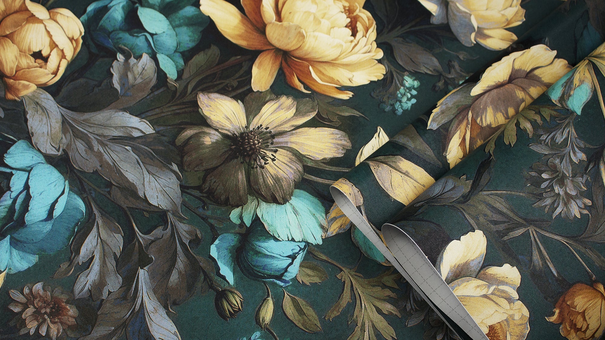 HaokHome vintage Floral Wallpaper Golden Peonies Teal Roses on Deep Green for Classic Elegant Interiors
