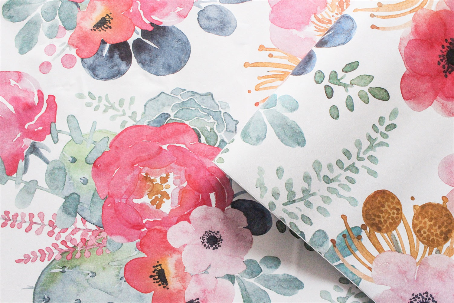 Watercolor Blush Rose & Cactus Peel and Stick Wallpaper, Soft Bright Botanical Decor | HaokHome