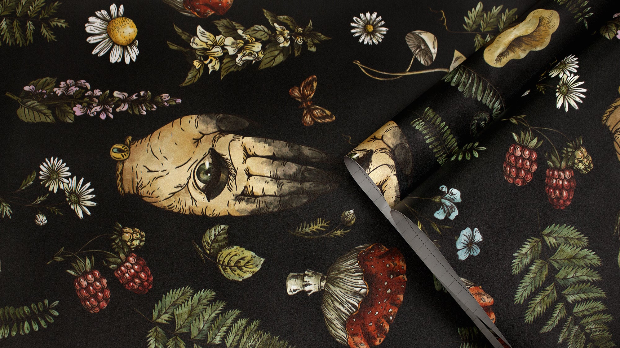 HaokHome Peel and Stick Wallpaper Mystic Vintage Hand Eye Botanical Mushroom Wall Mural Removable Self Adhesive Black Wallpaper for Home Decor