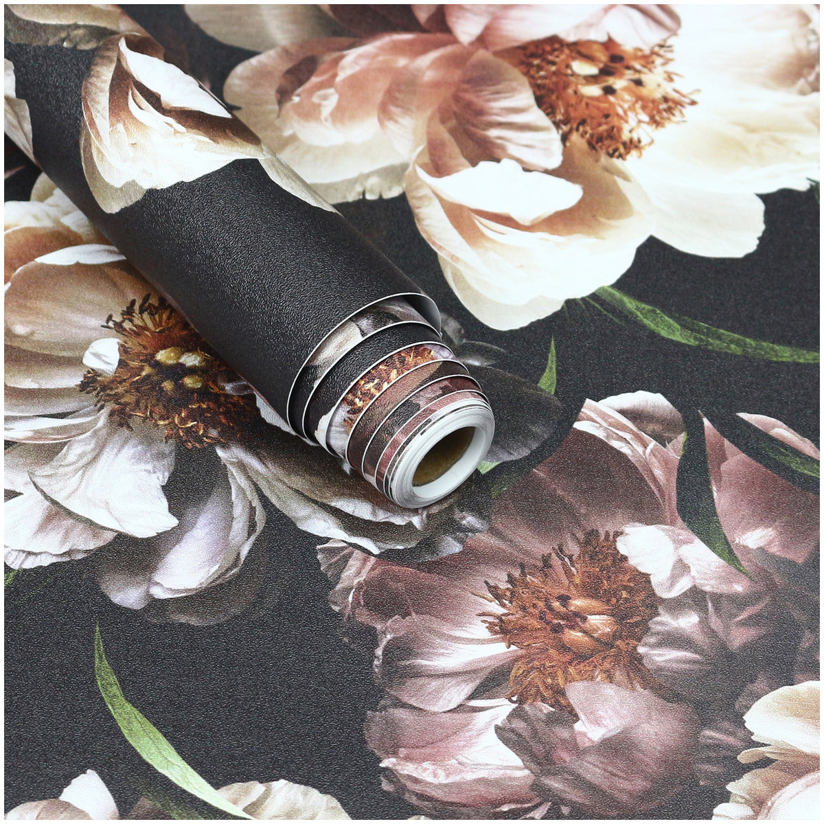 HaokHome Peel and Stick Wallpaper Floral Peony Black Pink Stick on Wallpaper Murals