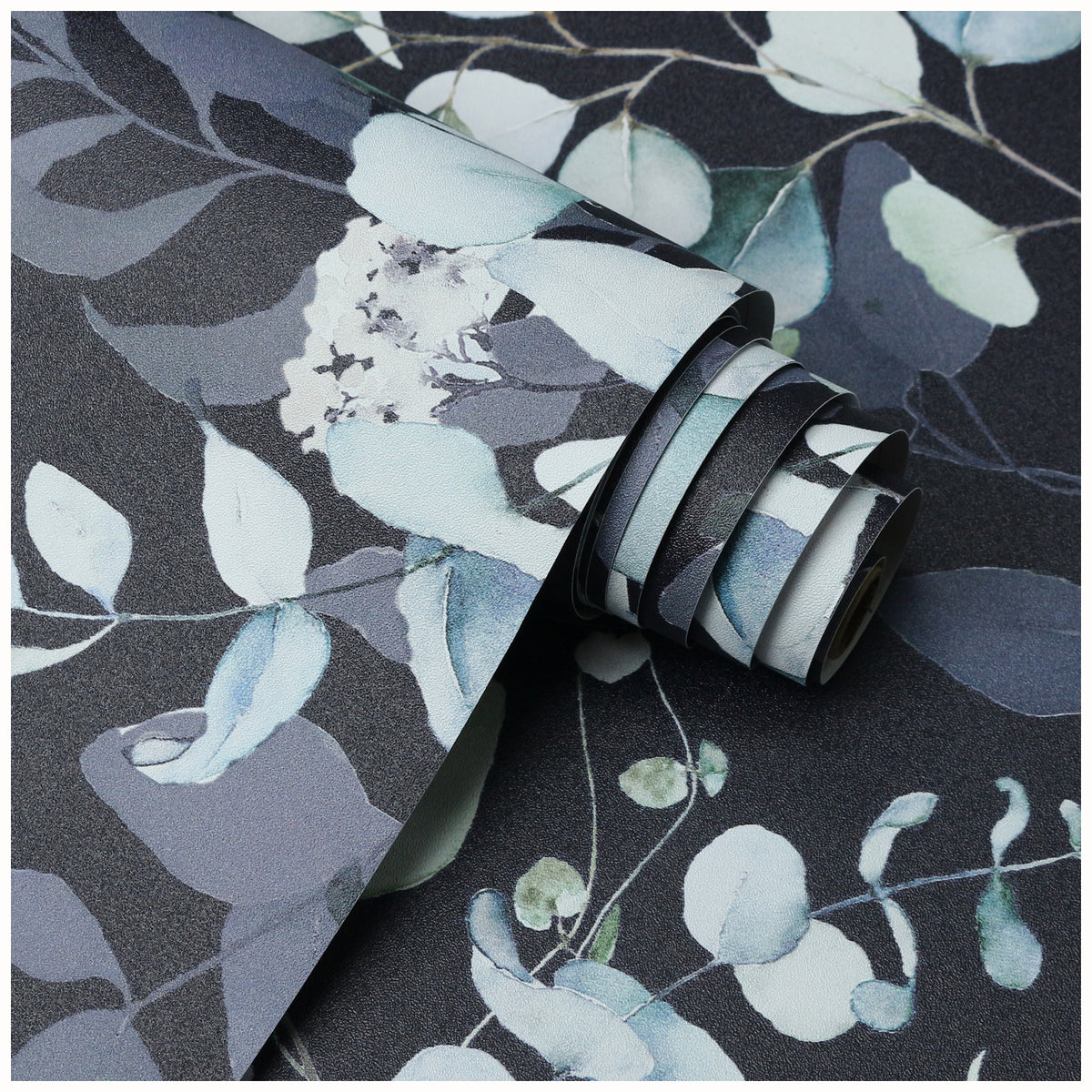 Haokhome Navy Blue Watercolor Eucalyptus Peel and Stick Wallpaper, Dark Botanical Leaf Wall Covering