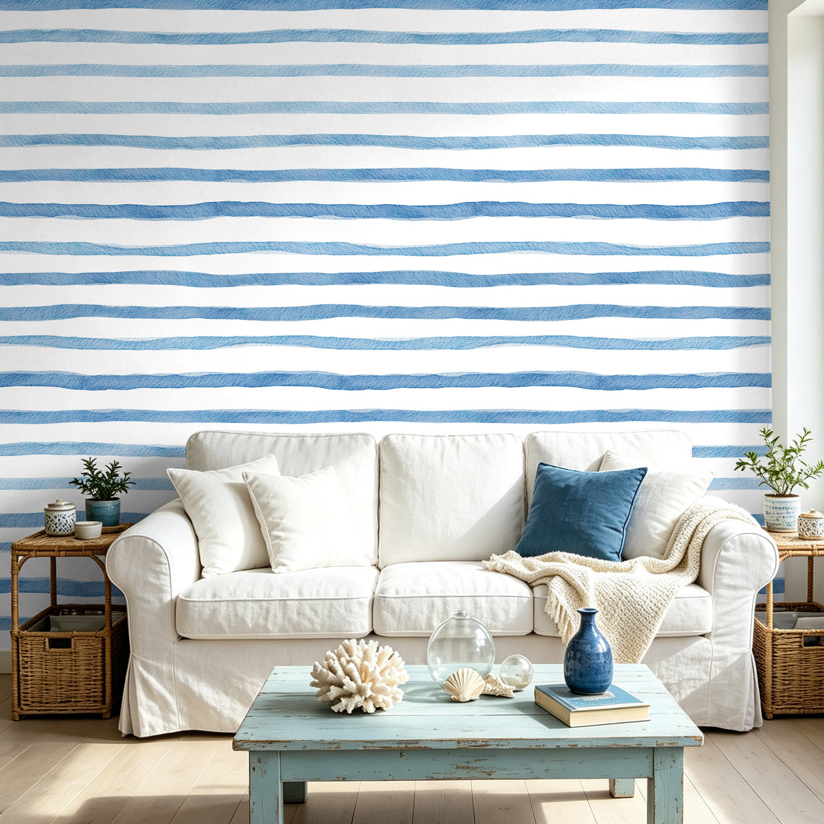 Light blue watercolor stripe removable wallpaper, coastal style living room accent wall, self adhesive wall covering for sofa backdrop