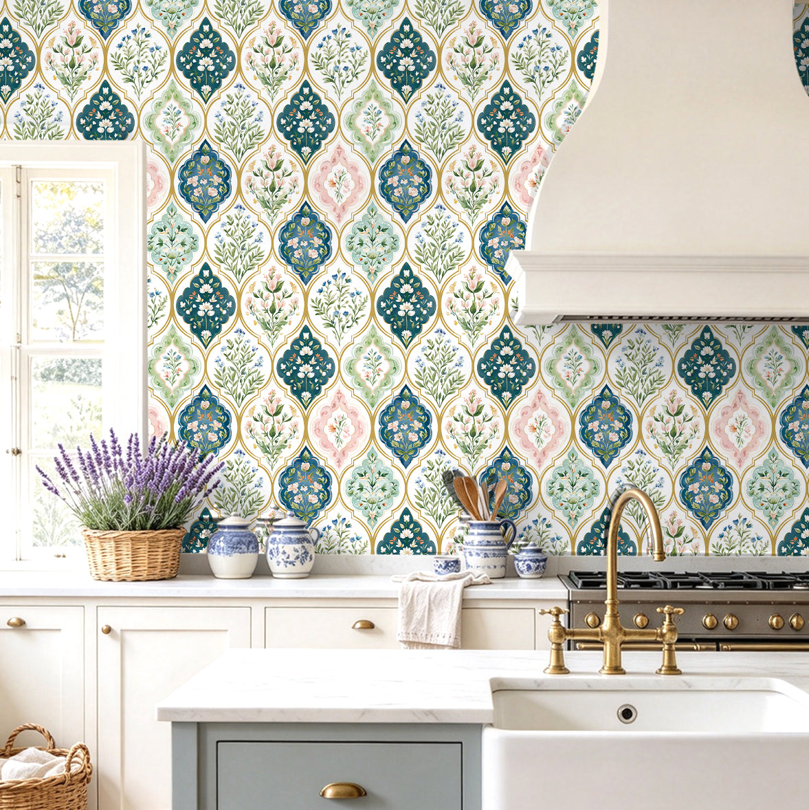 Light green floral ogee peel and stick wallpaper for farmhouse kitchen backsplash