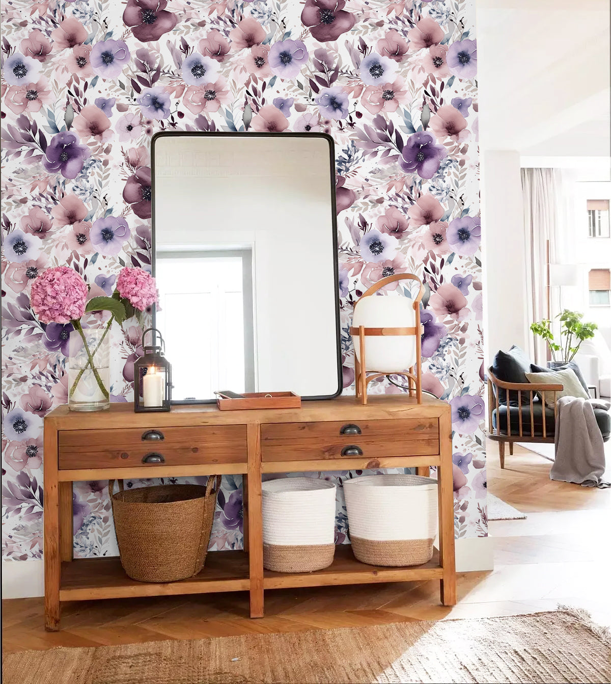 HaokHome 93349 Mauve/Purple Floral Peel and Stick Wallpaper Removable Wall Paper Vinyl Stick on Wall Contact Paper