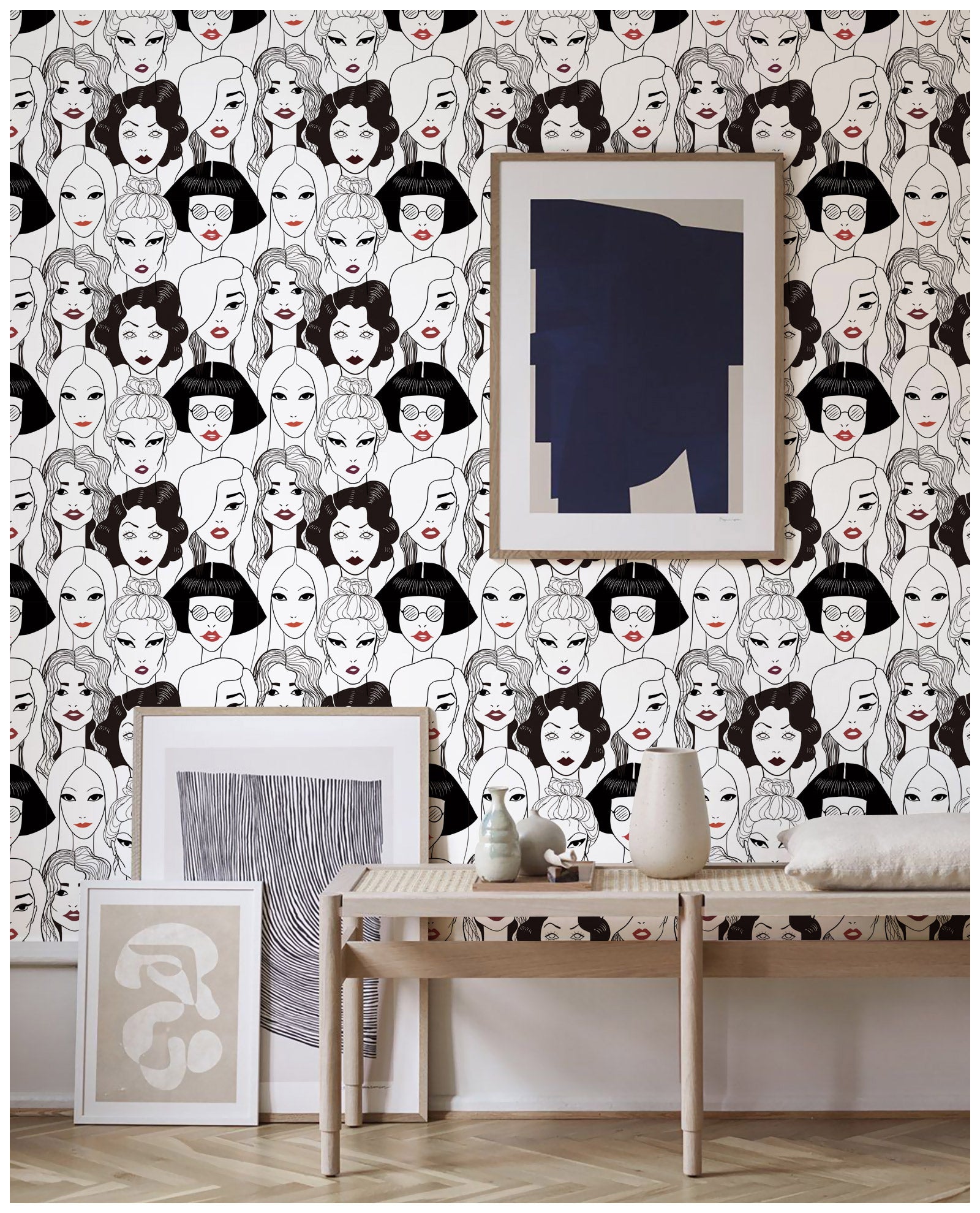 HAOKHOME 96106 Modern Peel and Stick Wallpaper Cool ladies Black/White/Red lips Removable Vinyl Self Adhesive Contactpaper