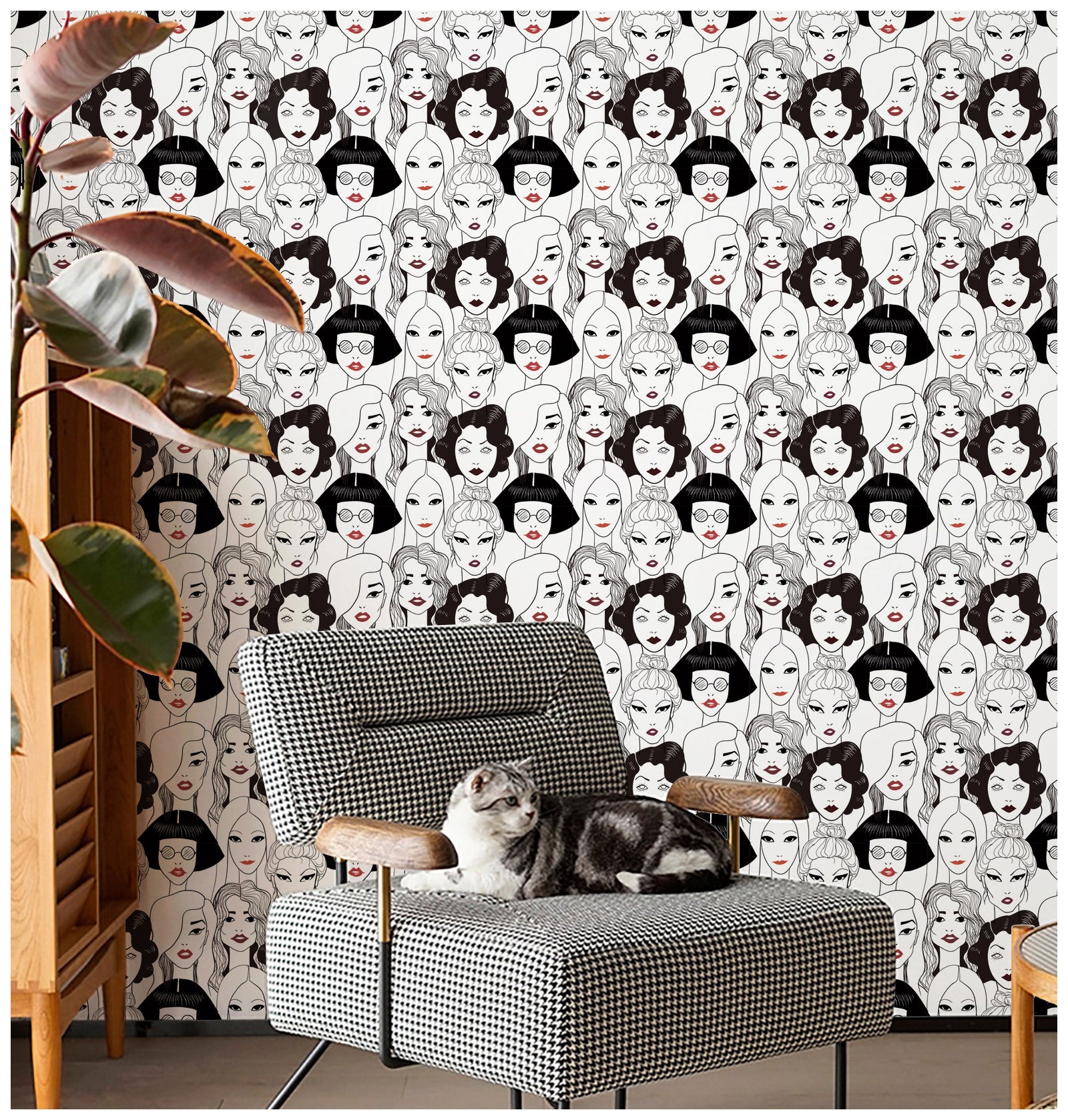 HAOKHOME 96106 Modern Peel and Stick Wallpaper Cool ladies Black/White/Red lips Removable Vinyl Self Adhesive Contactpaper