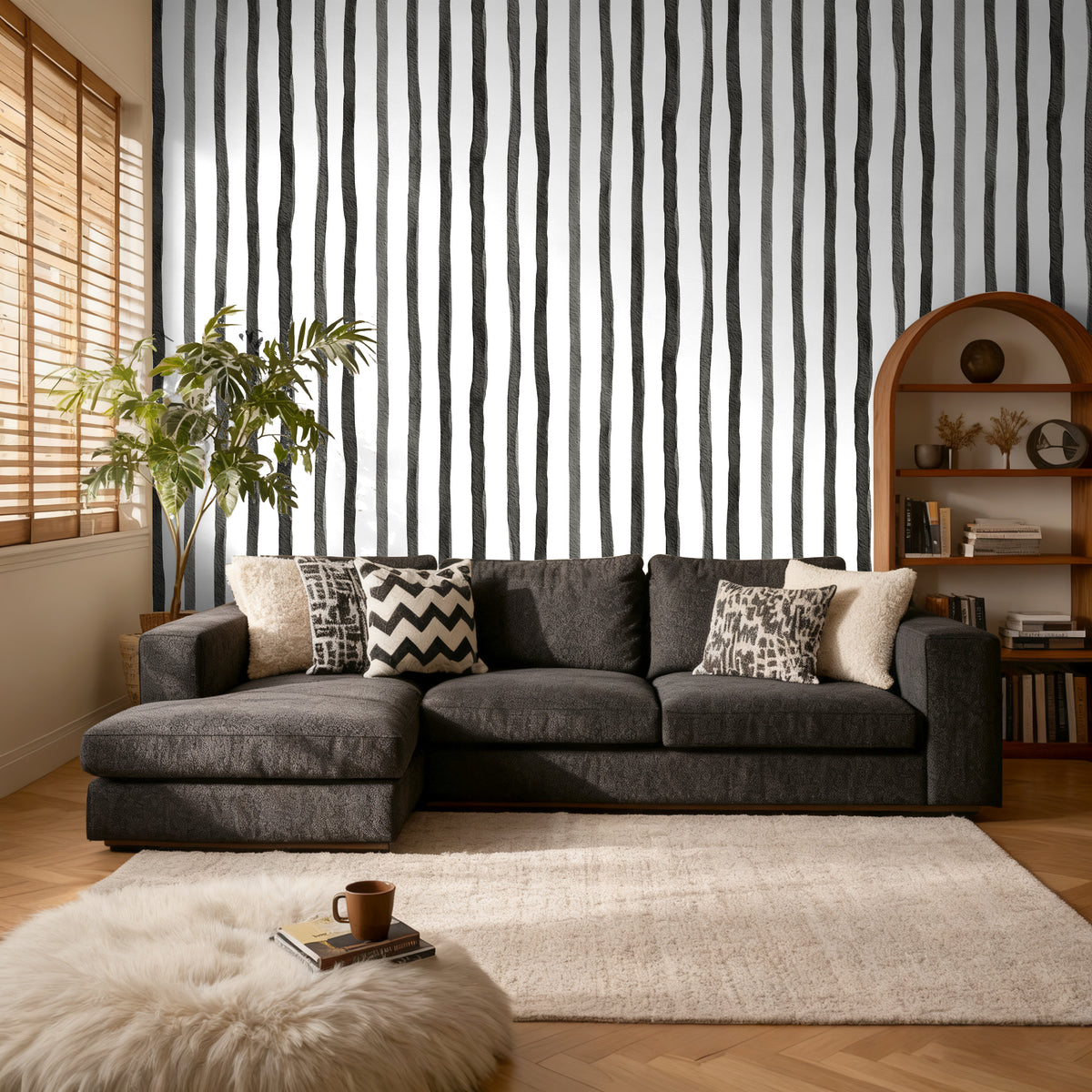 Monochrome watercolor stripe removable wallpaper, minimalist living room accent wall, self adhesive wall covering for sofa backdrop
