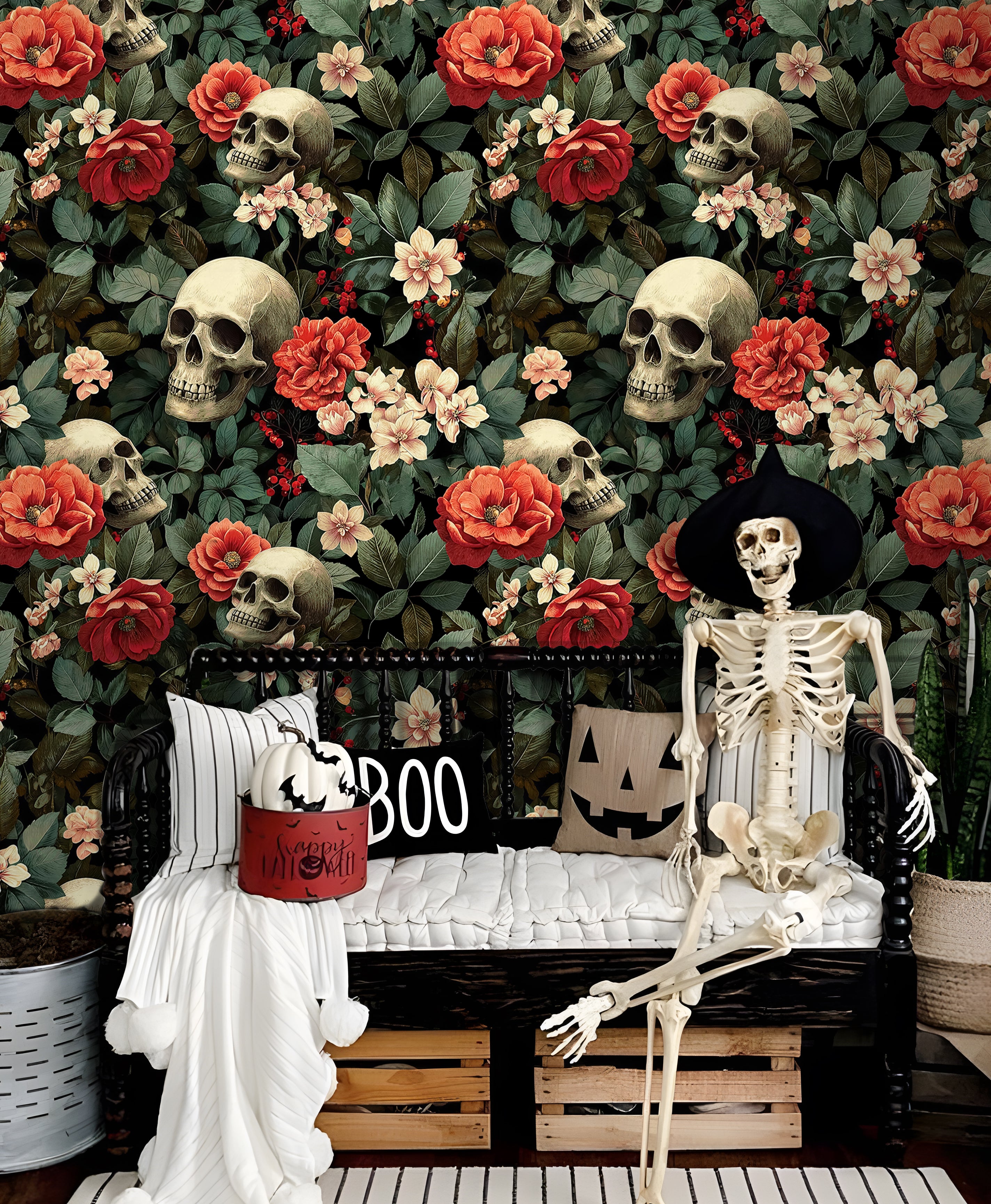 Moody dark gothic skull red floral peel and stick vintage cottagecore wallpaper