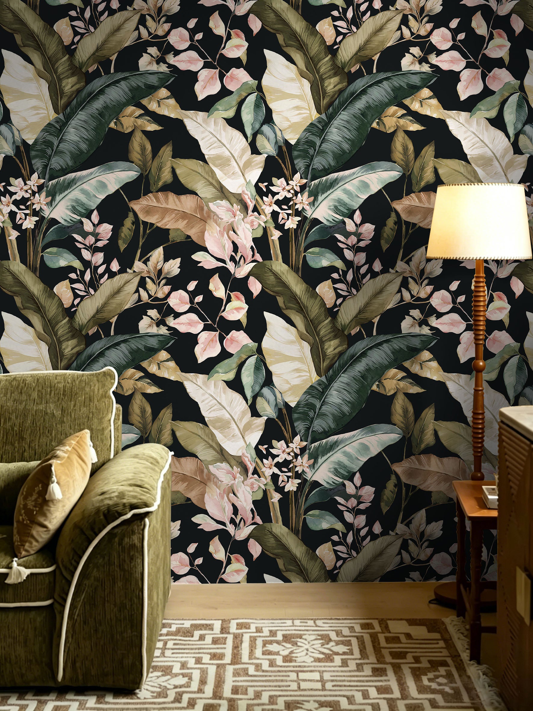 Moody dark leaf removable wallpaper for cozy dim living‑room reading nook
