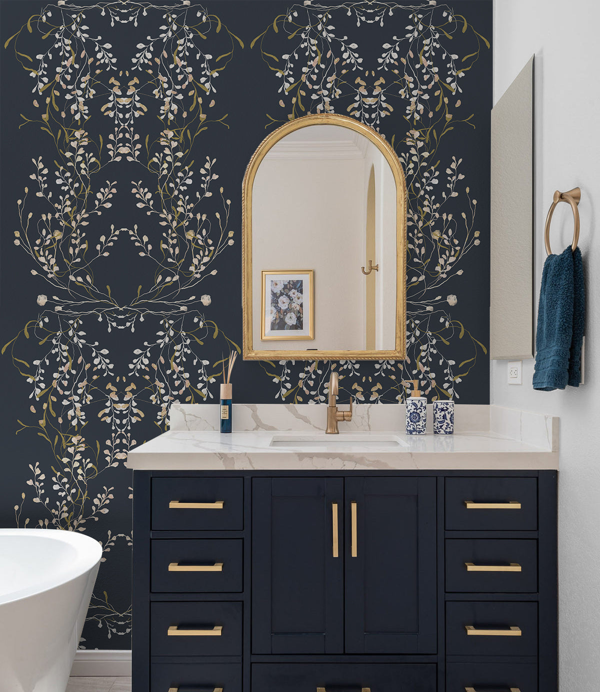 HaokHome 94031-1 Navy Floral Wallpaper Peel and Stick Vintage Damask Wall Paper Renter Friendly Contact Paper