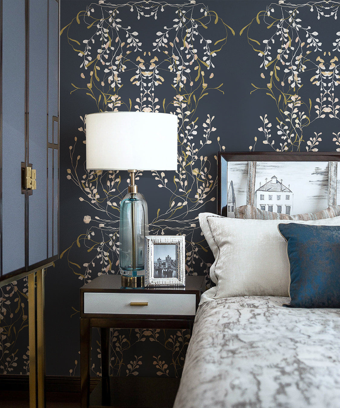 HaokHome 94031-1 Navy Floral Wallpaper Peel and Stick Vintage Damask Wall Paper Renter Friendly Contact Paper