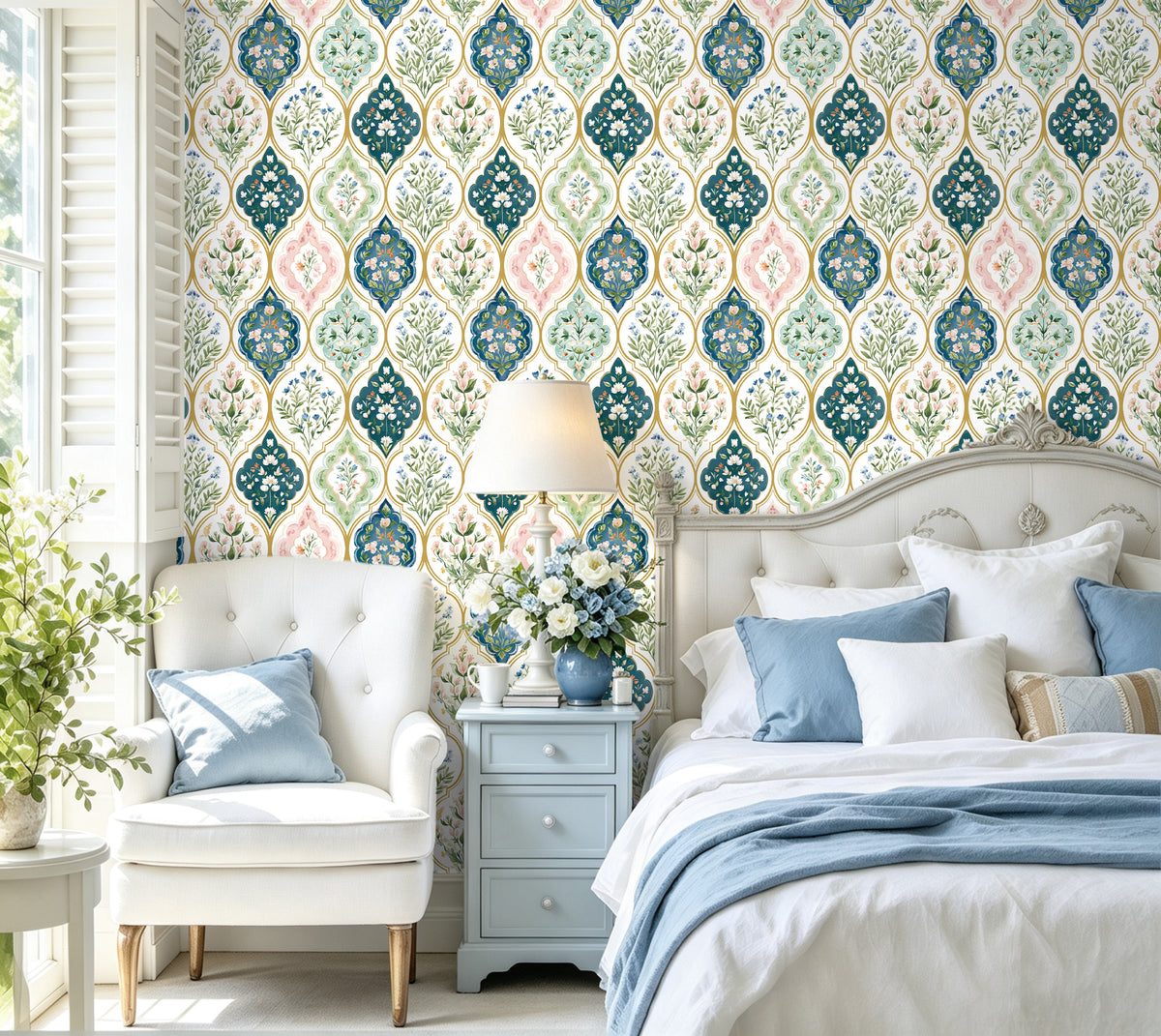 Pastel green ogee floral removable wallpaper for cottage style bedroom accent wall