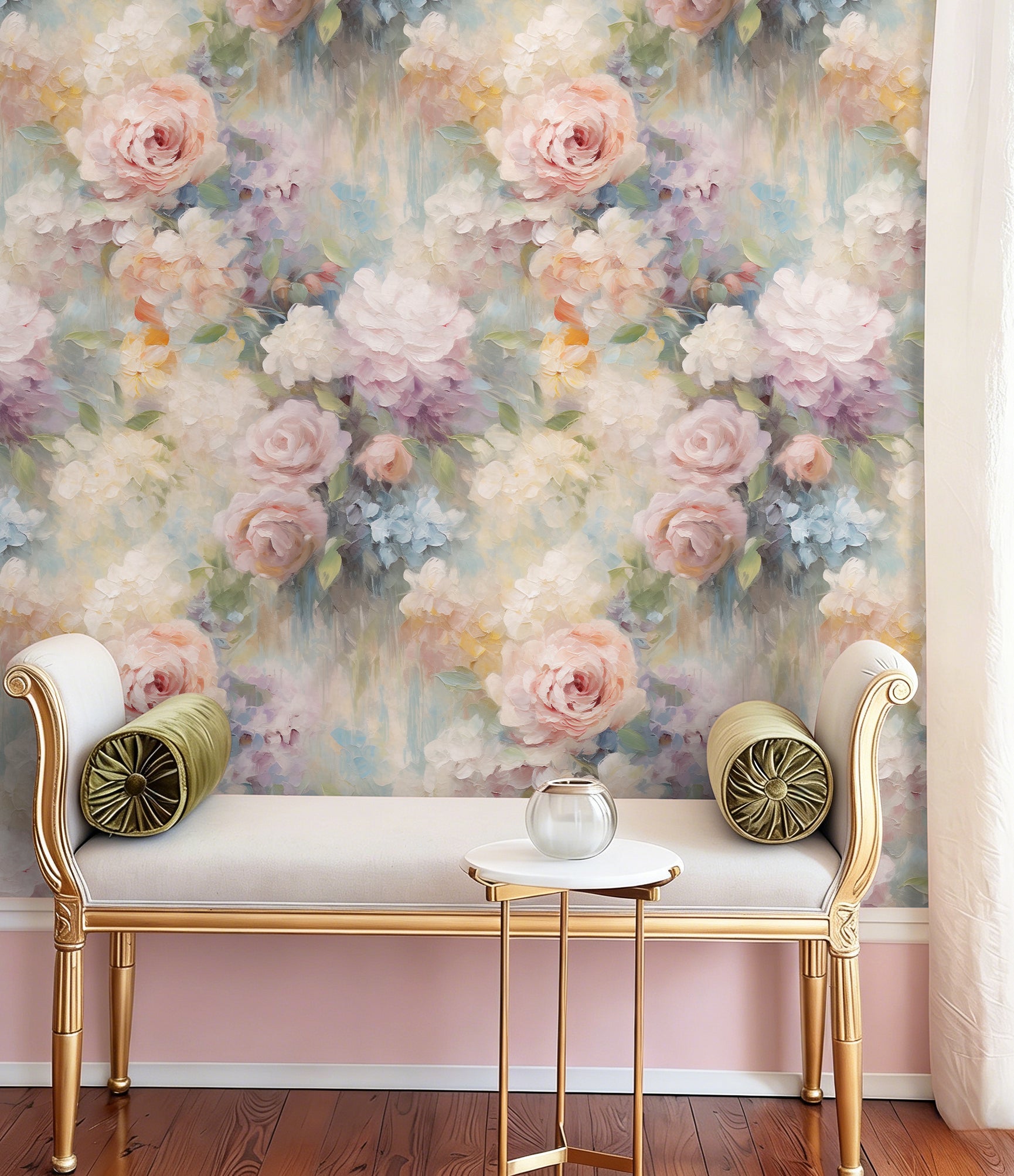 Pastel rose peel and stick wallpaper used as an elegant accent wall