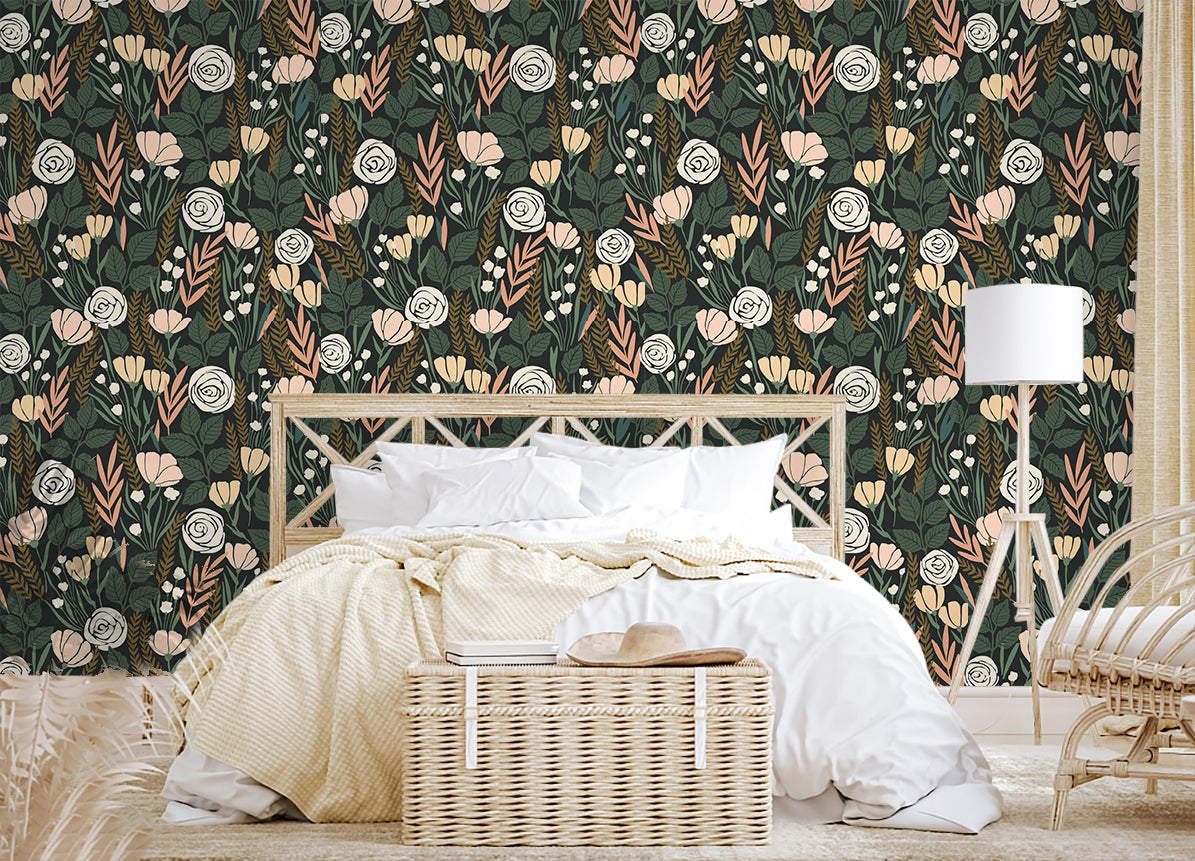 HAOKHOME 93386-5 Peel and Stick Wallpaper Floral Removable Stick on Contact Paper for Bathroom Green/Beige/Black