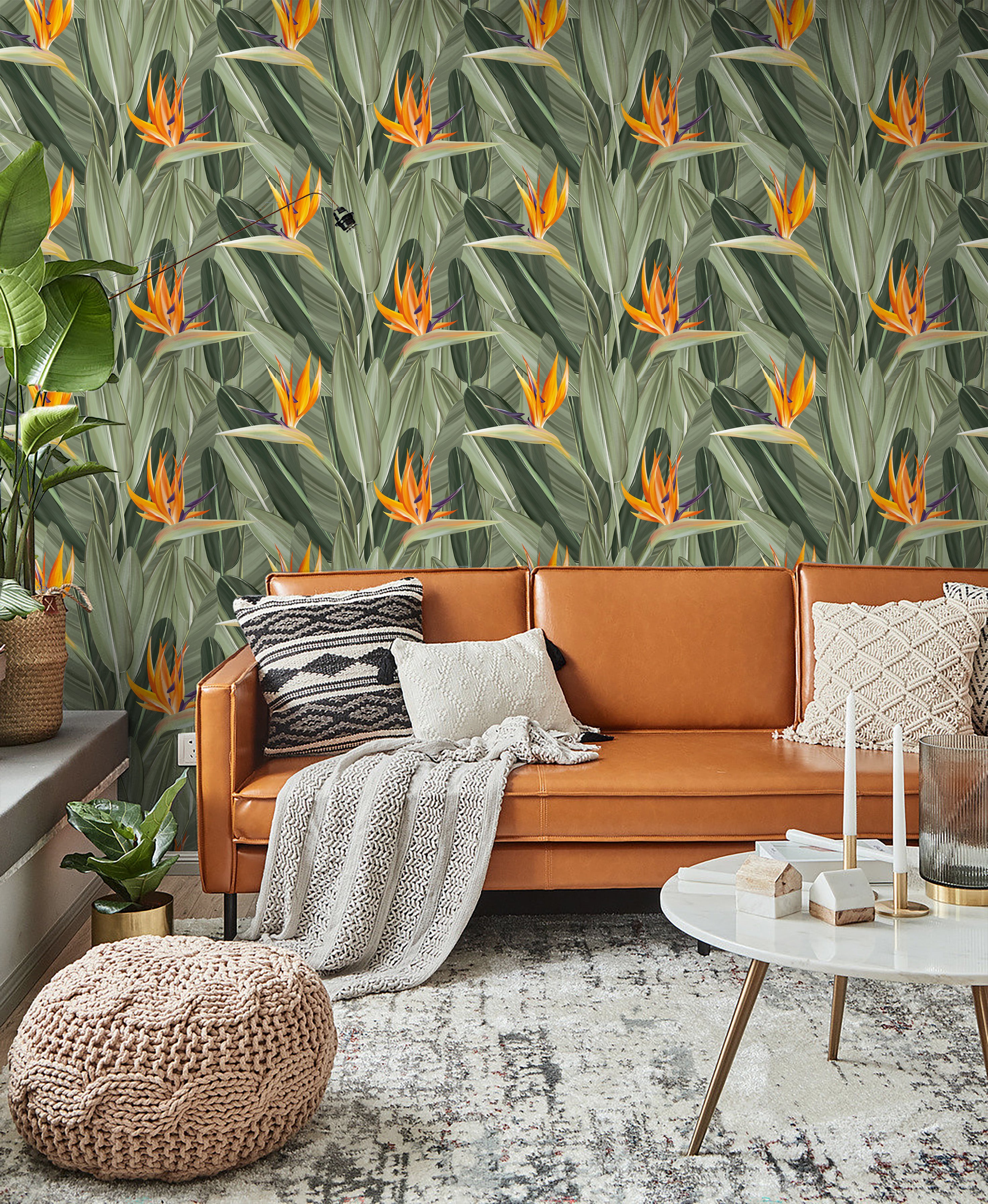 HAOKHOME 93375 Peel and Stick Wallpaper Tropical Florals Removable Stick on Contact Paper for Bedroom Green/Orange