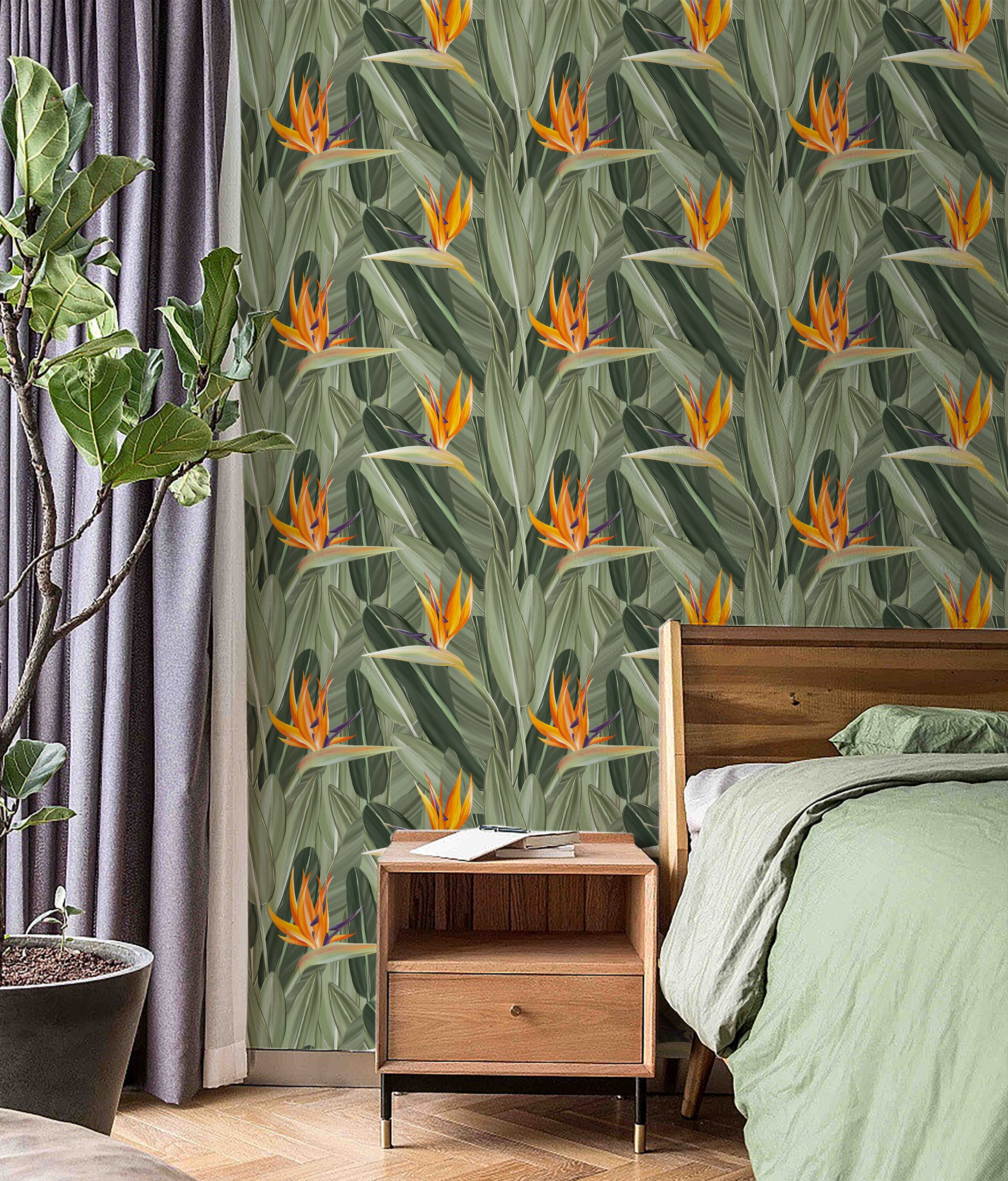 HAOKHOME 93375 Peel and Stick Wallpaper Tropical Florals Removable Stick on Contact Paper for Bedroom Green/Orange