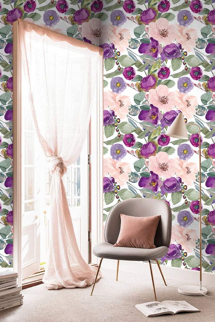 HaokHome 93344 Peony Floral Peel & Stick Wallpaper Purple/Pink Vintage Bathroom Textured Contact Paper for Kitchen Bedroom Decor