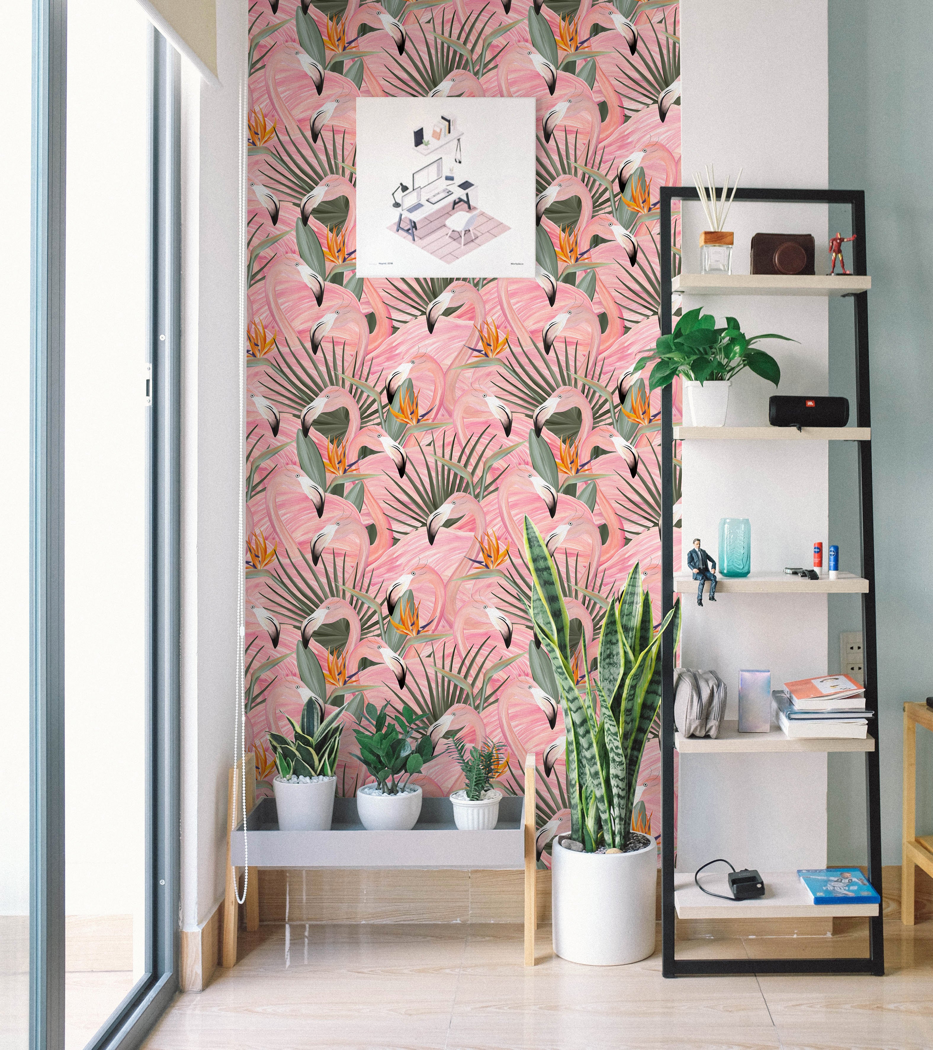 HaokHome 93373 Pink Wallpaper Peel and Stick Tropical Flamingos Removable Stick on Contact Paper for Nursery