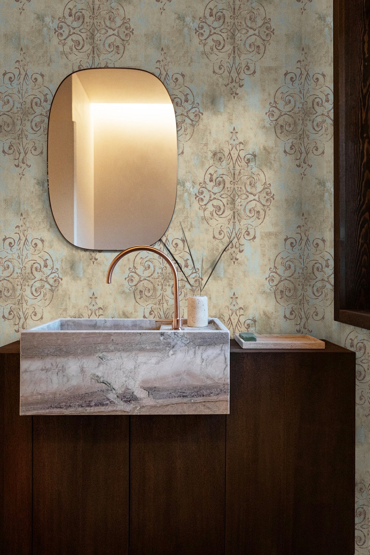 Powder room vanity wall with vintage faded damask peel and stick wallpaper, antique style bathroom decor