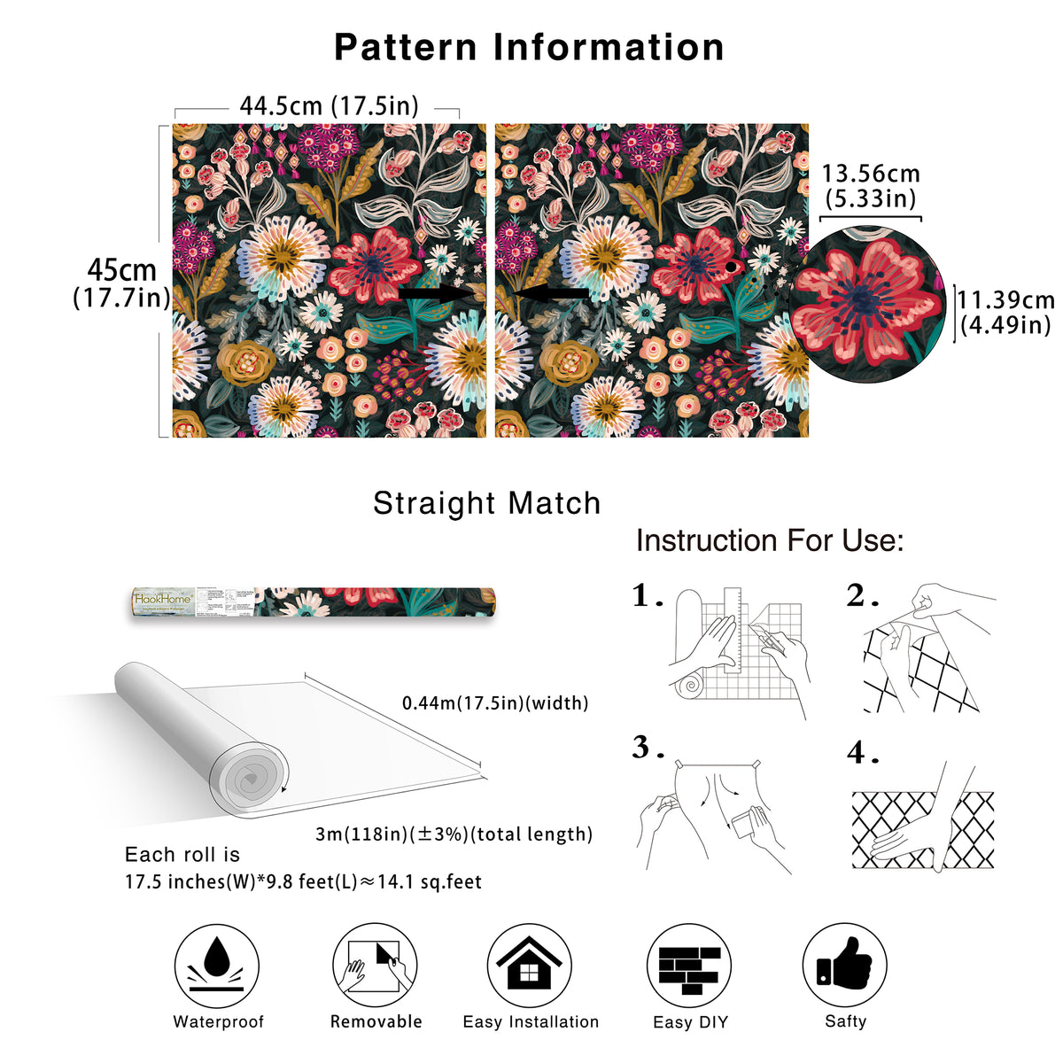 Product specification chart of dark boho floral peel and stick wallpaper, size and installation guide