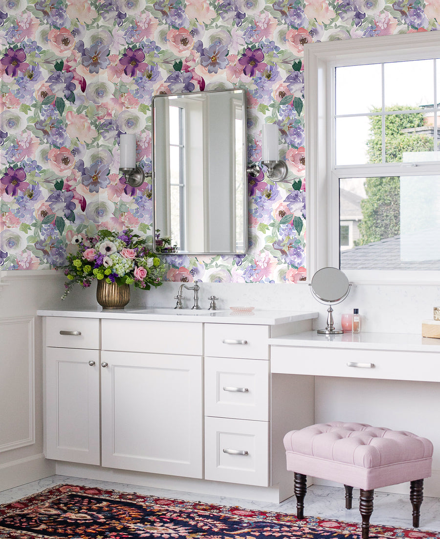 HaokHome 93328 Purple Pink Peony Floral Wallpaper Peel and Stick Wall Decor Bathroom