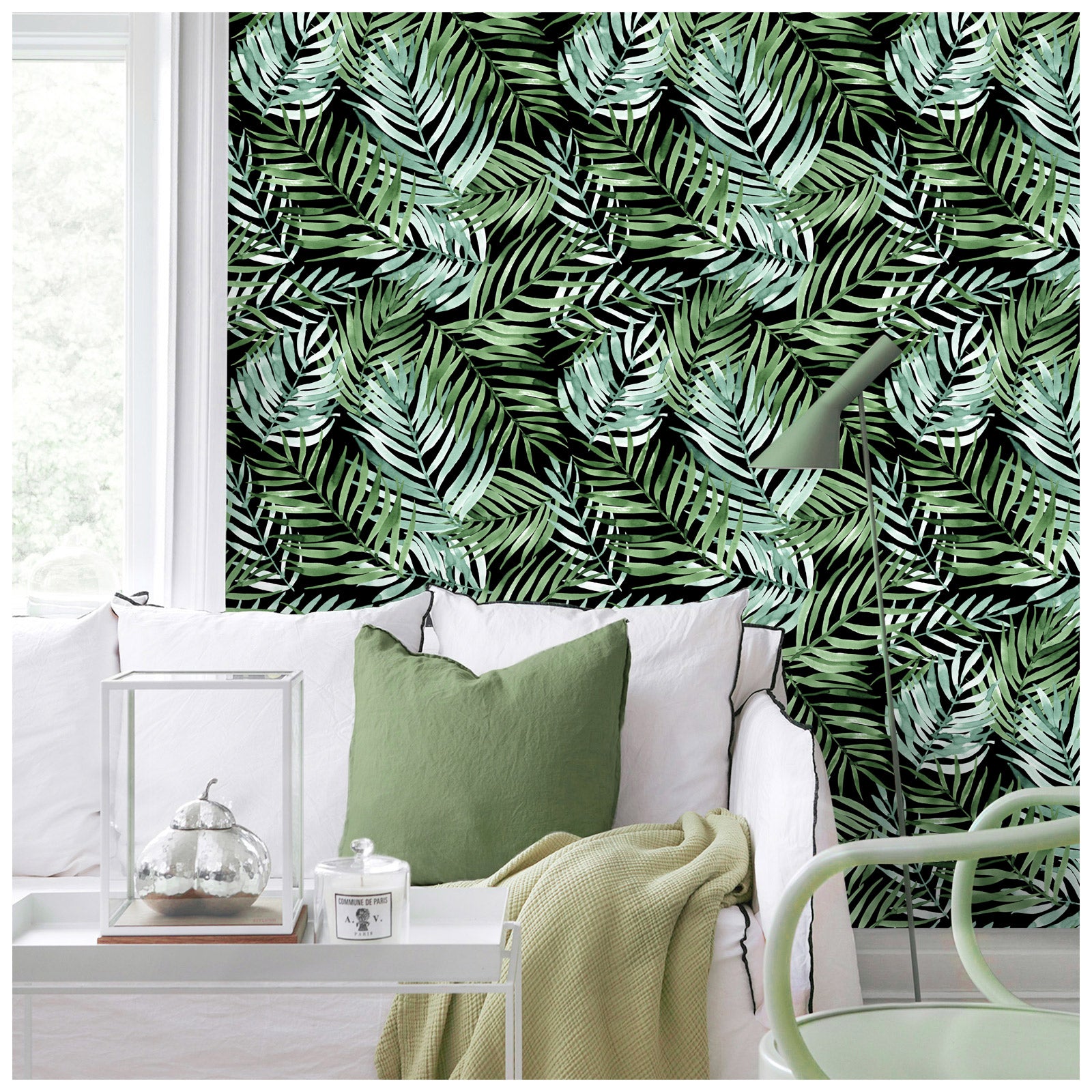 HAOKHOME 93148 Retro Peel and Stick Wallpaper Palm Leaves Black/Green Removable Stick on Home Decor