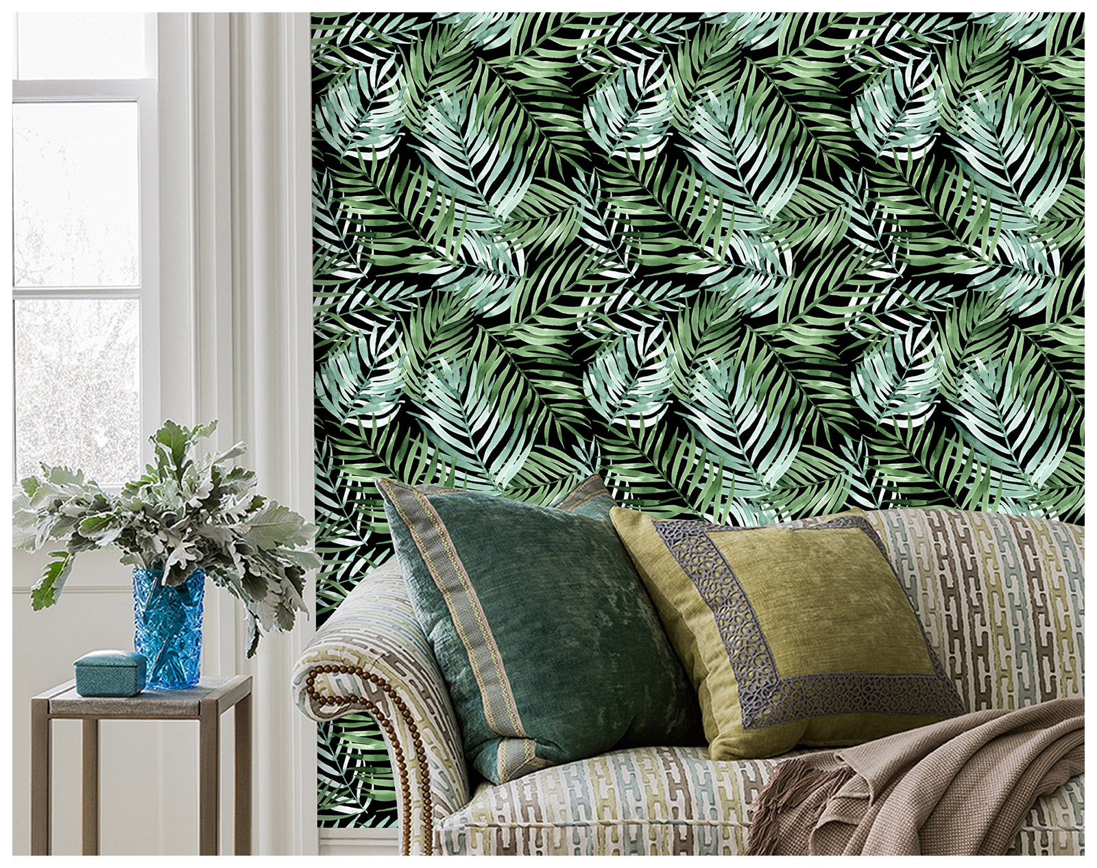 HAOKHOME 93148 Retro Peel and Stick Wallpaper Palm Leaves Black/Green Removable Stick on Home Decor