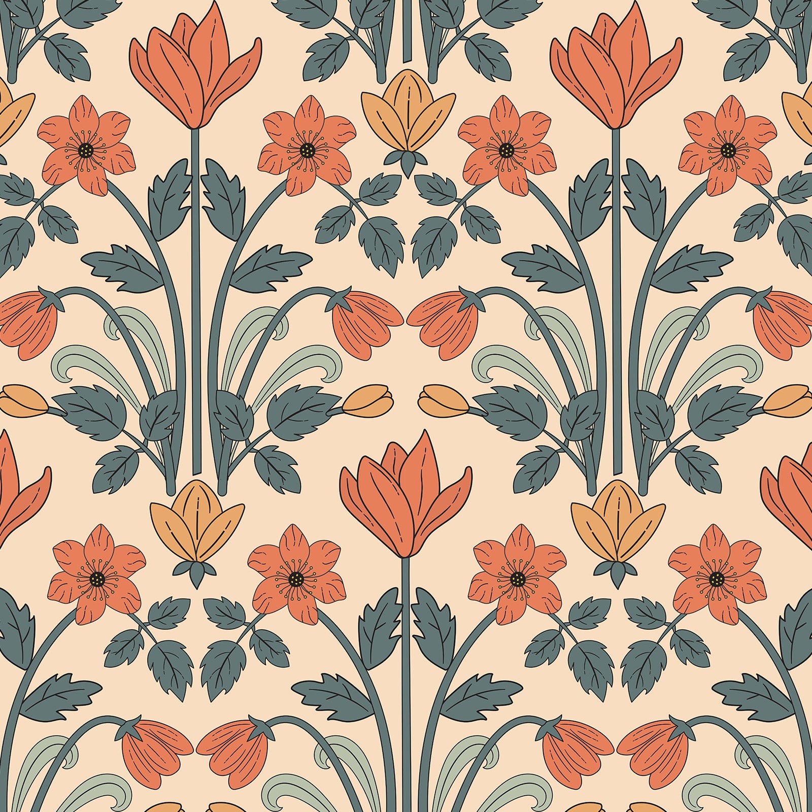Retro Symmetric Tulip Floral Wallpaper – Art Nouveau Warm Neutral Botanical Print