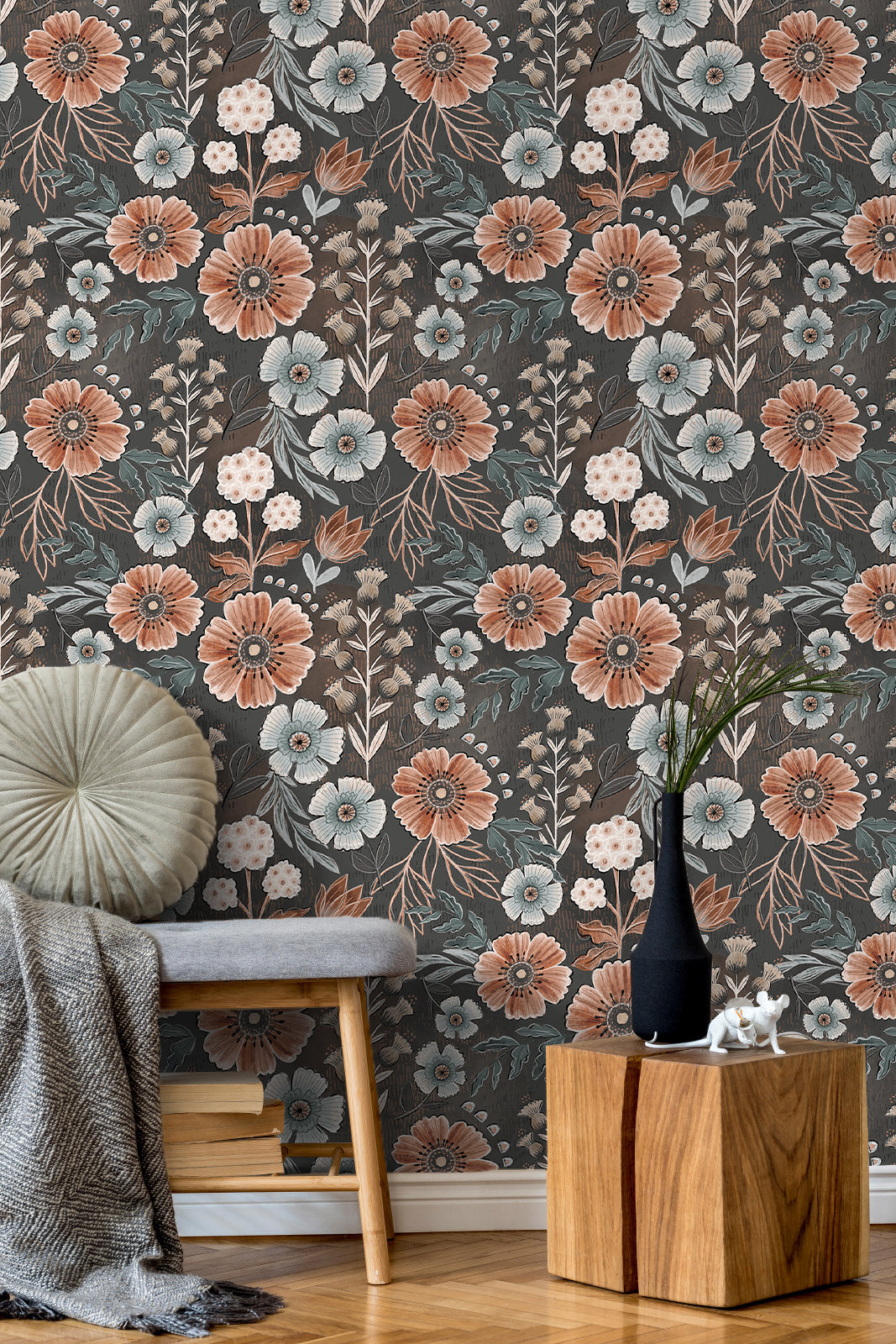 Retro botanical peel and stick wallpaper, dark floral pattern with earthy terracotta flowers, removable wall covering for entryway and reading nook accent wall
