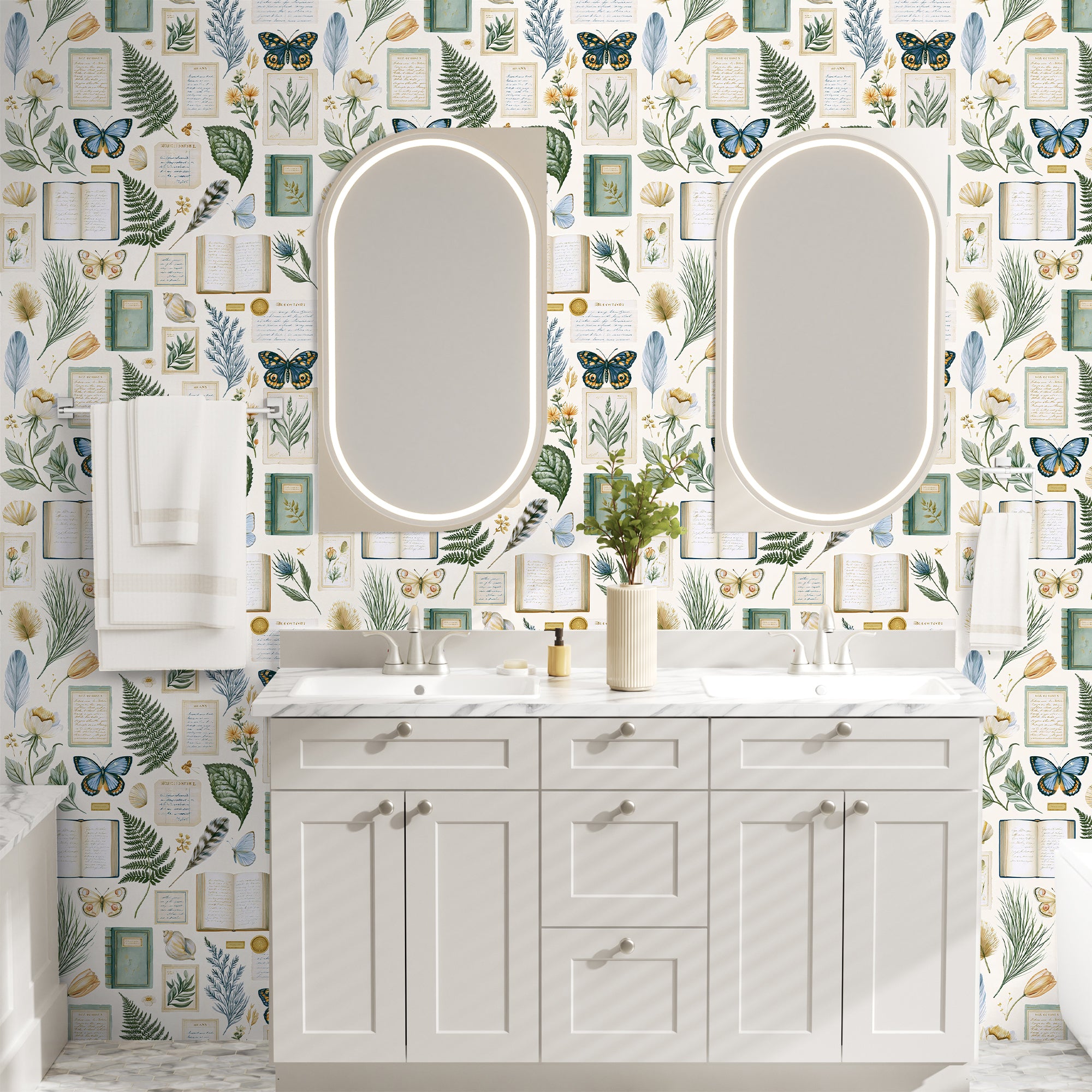 Retro butterfly botanical peel and stick wallpaper for soft cottage powder room