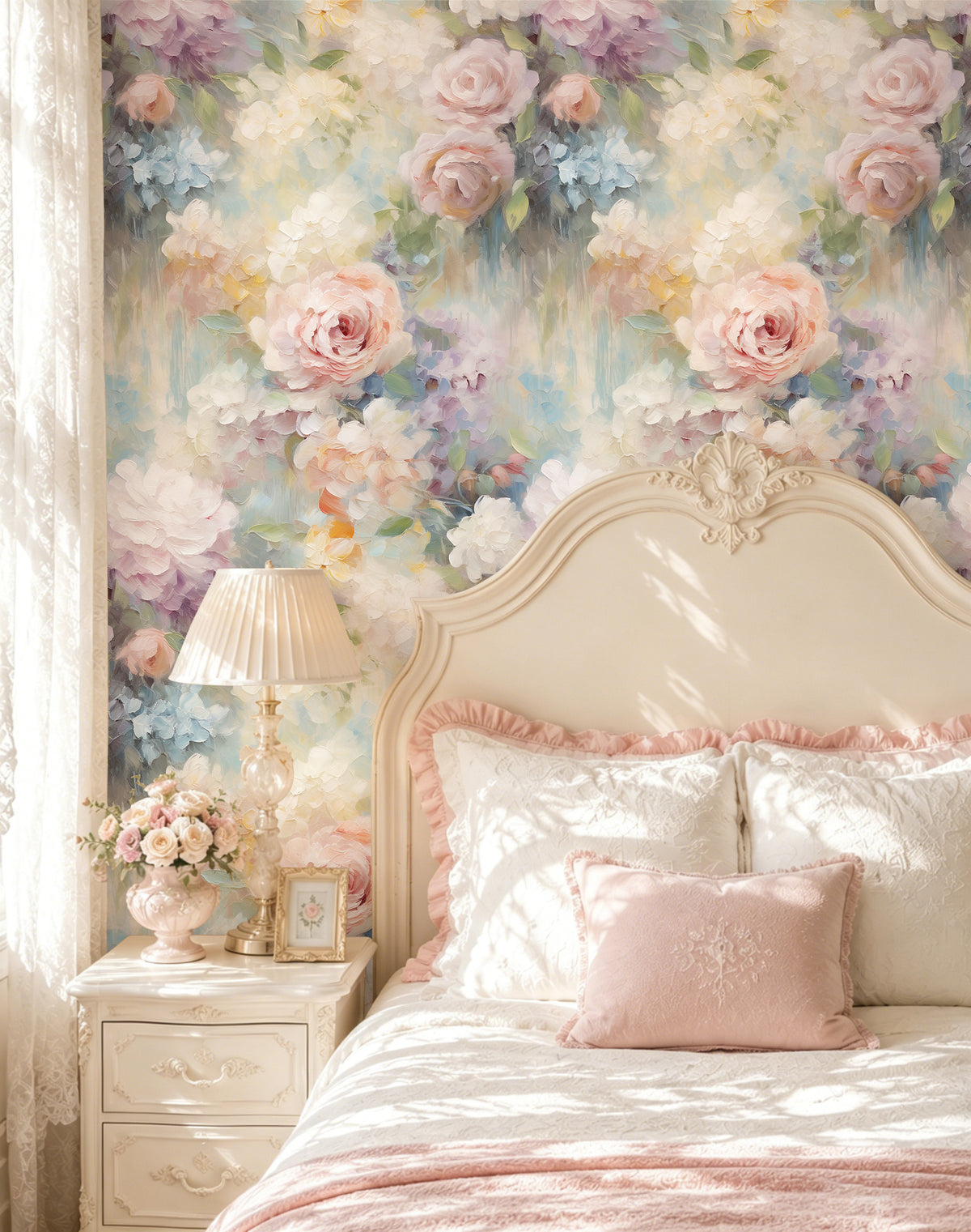 Romantic bedroom featuring watercolor floral peel and stick wallpaper